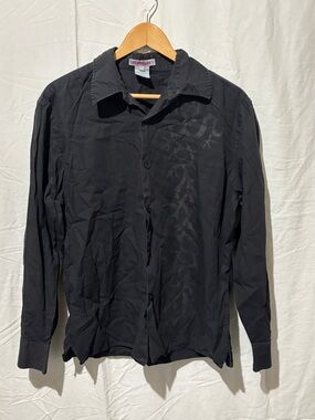 Y2K Black Button-Up Shirt Subtle Graphic Print Slim Fit Size L